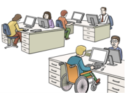 Menschen sitzen an Schreibtischen im Büro. Eine Person sitzt im Rollstuhl